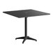 A square black powder-coated aluminum outdoor dining table with an umbrella hole and a four-legged base.