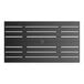 A rectangular black powder-coated aluminum outdoor dining table with slatted design and an umbrella hole in the center.