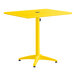 A yellow powder-coated aluminum outdoor dining table with a square top and an umbrella hole.