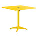 A yellow, square, powder-coated aluminum outdoor dining table with an umbrella hole in the center.