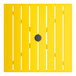 A square yellow powder-coated aluminum outdoor dining table with slatted design and an umbrella hole in the center.
