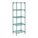 A tall, green, five-tier wire shelving unit with adjustable shelves.