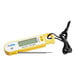 A yellow and white AvaTemp digital folding probe thermometer with a wire.