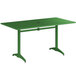 A green Lancaster Table & Seating outdoor table with a metal base.