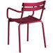 A red Lancaster Table & Seating outdoor arm chair with a metal frame.