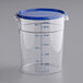 A clear plastic Vigor food storage container with a blue lid.