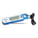 An AvaTemp blue and white digital folding probe thermometer.