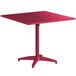 A red square table with a powder-coated metal base.