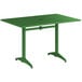 A green Lancaster Table & Seating aluminum dining table with metal legs.