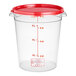 A clear plastic Vigor food storage container with red lid.