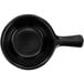 A black stoneware soup crock with a handle.