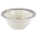 A white melamine bowl with a brown rim.