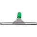A close up of a Unger ErgoTec window squeegee with a green plastic and metal handle.
