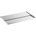 A stainless steel lid with a sliding mechanism on a white rectangular tray.