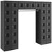 A black metal Regency locker with 28 compartments and a garment rack.