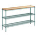 A Regency green epoxy wire shelving unit with two green wire shelves and a removable wooden top.