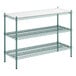 A Regency white shelf with green metal rods and blue metal frame with three green wire shelves.