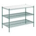 A white rectangular Regency metal shelving unit with green wire shelves.