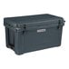 A grey CaterGator outdoor cooler with black handles on a table.