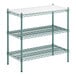 A Regency green epoxy wire shelf with a white rectangular top on blue metal legs.