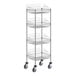 A Regency chrome metal cart with wire mesh shelves and wheels.