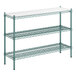 A Regency green wire shelving unit with white rectangular shelves on blue metal rods.