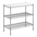 A Regency chrome metal shelving unit with white plastic shelves and metal rods.