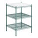 A green metal Regency wire shelving unit with white plastic shelves.