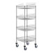 A Regency chrome metal rack with four shelves on wheels.