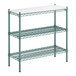 A green metal Regency shelving unit with white rectangular shelves.