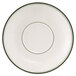 A Tuxton Green Bay demitasse saucer with a green stripe.
