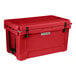 a red cooler with a black handle