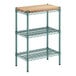 A green metal Regency 3-shelf unit with wooden shelves.