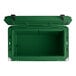 A hunter green plastic rectangular cooler with a lid open.