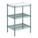 A three tiered metal Regency shelving unit with green shelves.