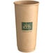 A brown New Roots paper hot cup with a green logo.