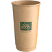 A brown New Roots paper hot cup with a green logo.