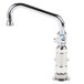 A chrome T&S deck-mounted faucet with lever handles.