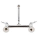 A chrome T&S deck-mounted faucet with two handles.
