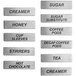 A pack of 11 stainless steel magnetic labels with different coffee names.