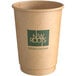 A brown New Roots paper hot cup with a green logo.