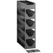 A black metal shelf with six sections.