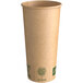 A brown New Roots paper hot cup with green text.