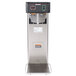 A silver and black Bunn 3 gallon iced tea brewer with a metal trunk stand.