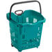 A green plastic Regency shopping basket with black wheels and handles.
