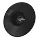 A black circular temperature dial knob with a white circle on it.