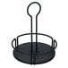 A Tablecraft black metal condiment caddy with a round handle.