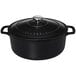 A black Chasseur enameled cast iron dutch oven with a lid.