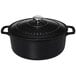 A black Chasseur enameled cast iron dutch oven with a lid.