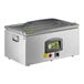 A stainless steel chamber vacuum packaging machine with a digital control panel and three seal bars.